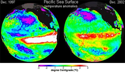 En sammenligning af El Nino's opvarmning af havet i dec. 1997 og i 2002. Kilde: NASA.